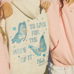 "To Live For the Hope of it All" Hoodie, adjustable drawstring hood and pocket, in Heather - coastal preppy aesthetic beach style by Pink Palm Puff