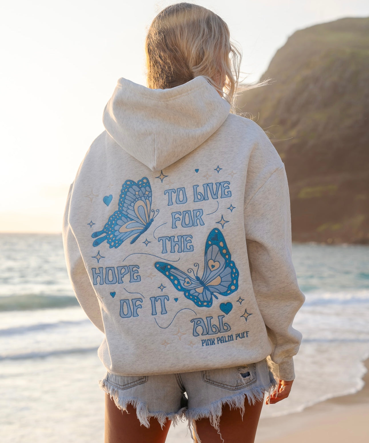 "To Live For the Hope of it All" Hoodie, adjustable drawstring hood and pocket, in Heather - coastal preppy aesthetic beach style by Pink Palm Puff