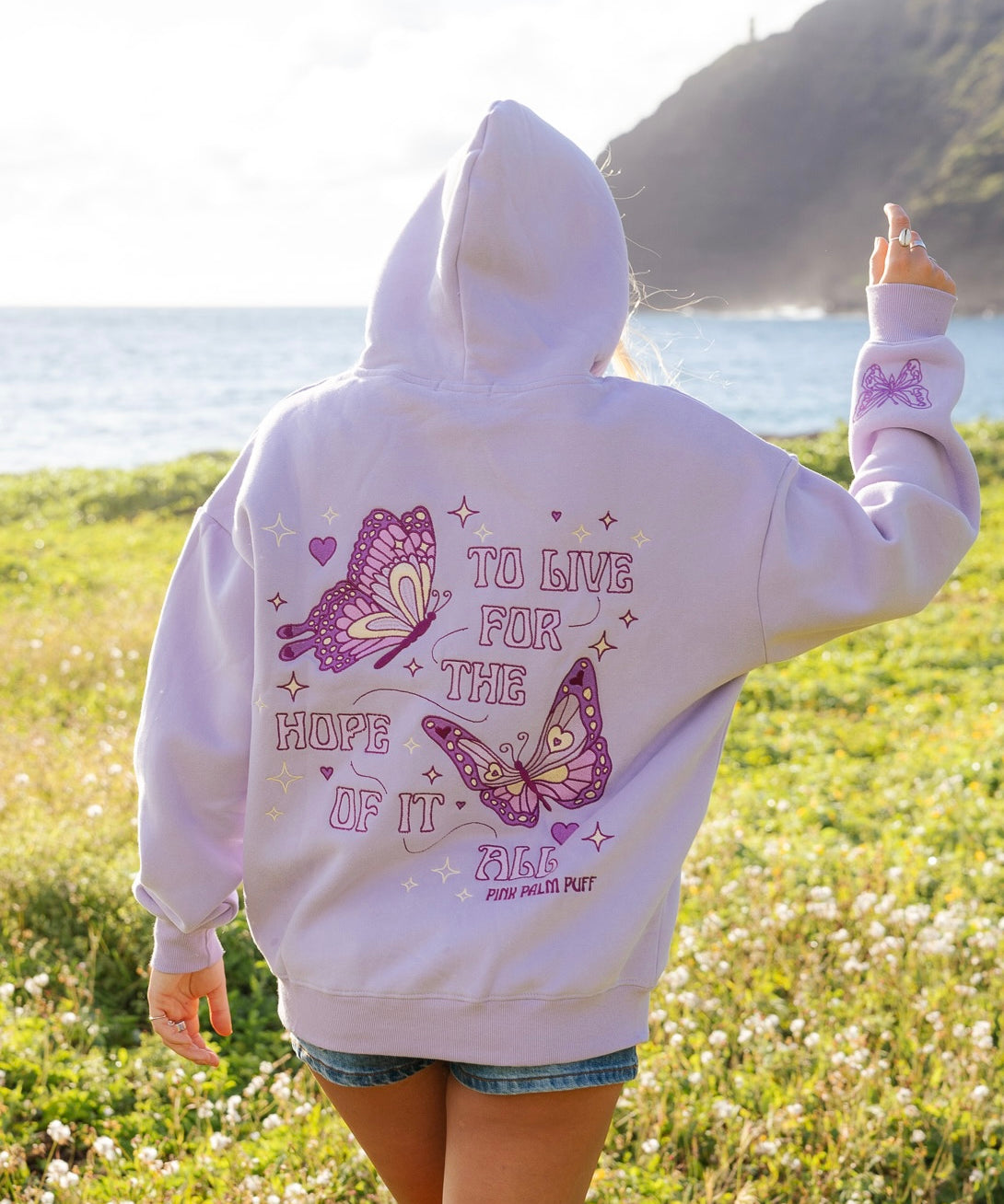"To Live For the Hope of it All" Hoodie, adjustable drawstring hood and pocket, in Lilac - coastal preppy aesthetic beach style by Pink Palm Puff