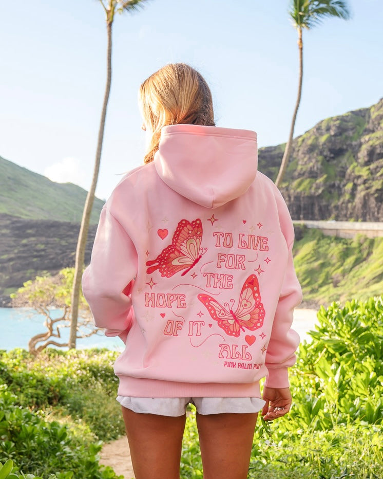 "To Live For the Hope of it All" Hoodie, adjustable drawstring hood and pocket, in Pink - coastal preppy aesthetic beach style by Pink Palm Puff