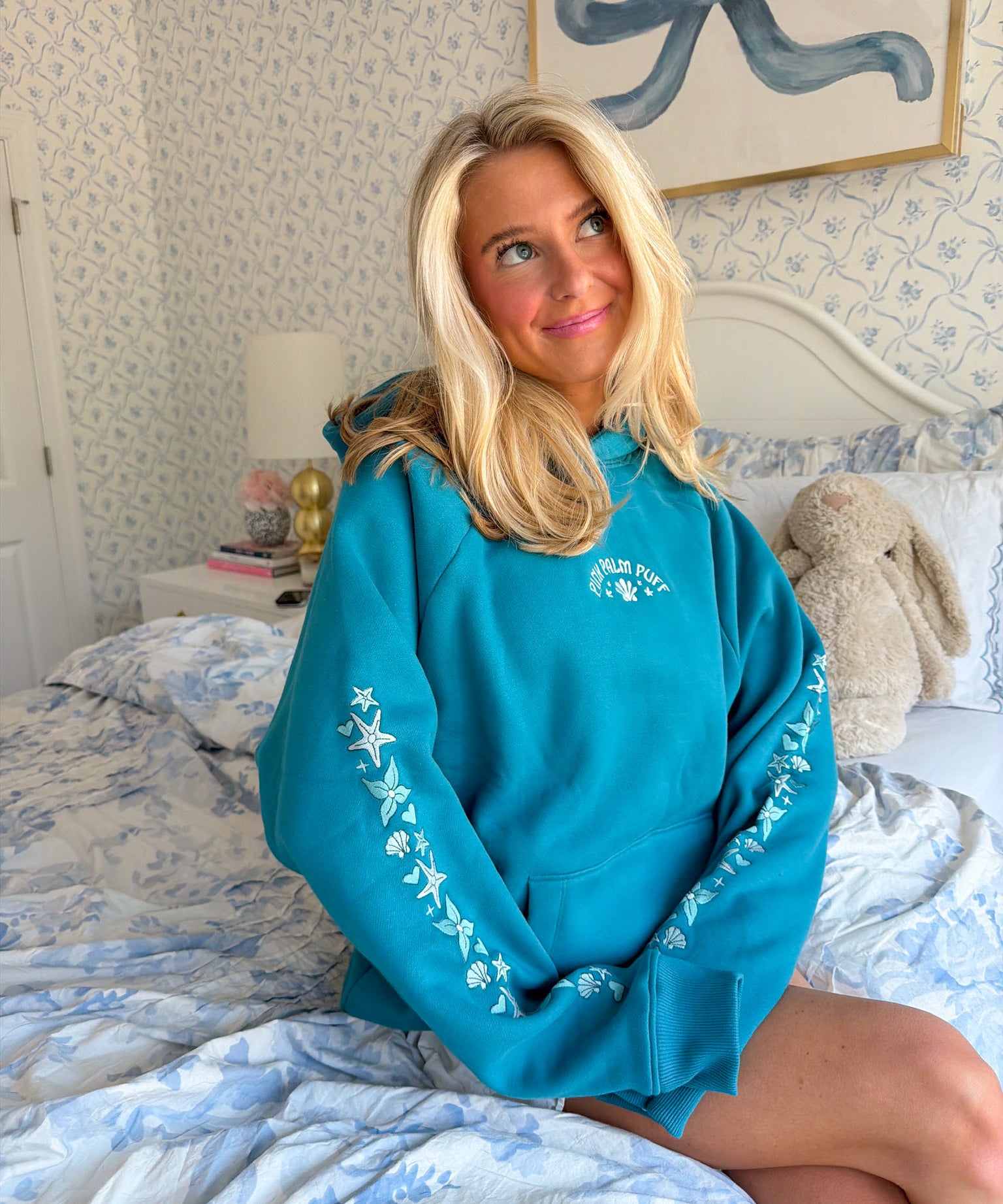 "Under the Sea" Relaxed Hoodie, relaxed fit with an adjustable drawstring hood and pocket, in Deep Blue - coastal preppy aesthetic beach style by Pink Palm Puff
