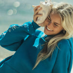 "Under the Sea" Relaxed Hoodie, relaxed fit with an adjustable drawstring hood and pocket, in Deep Blue - coastal preppy aesthetic beach style by Pink Palm Puff