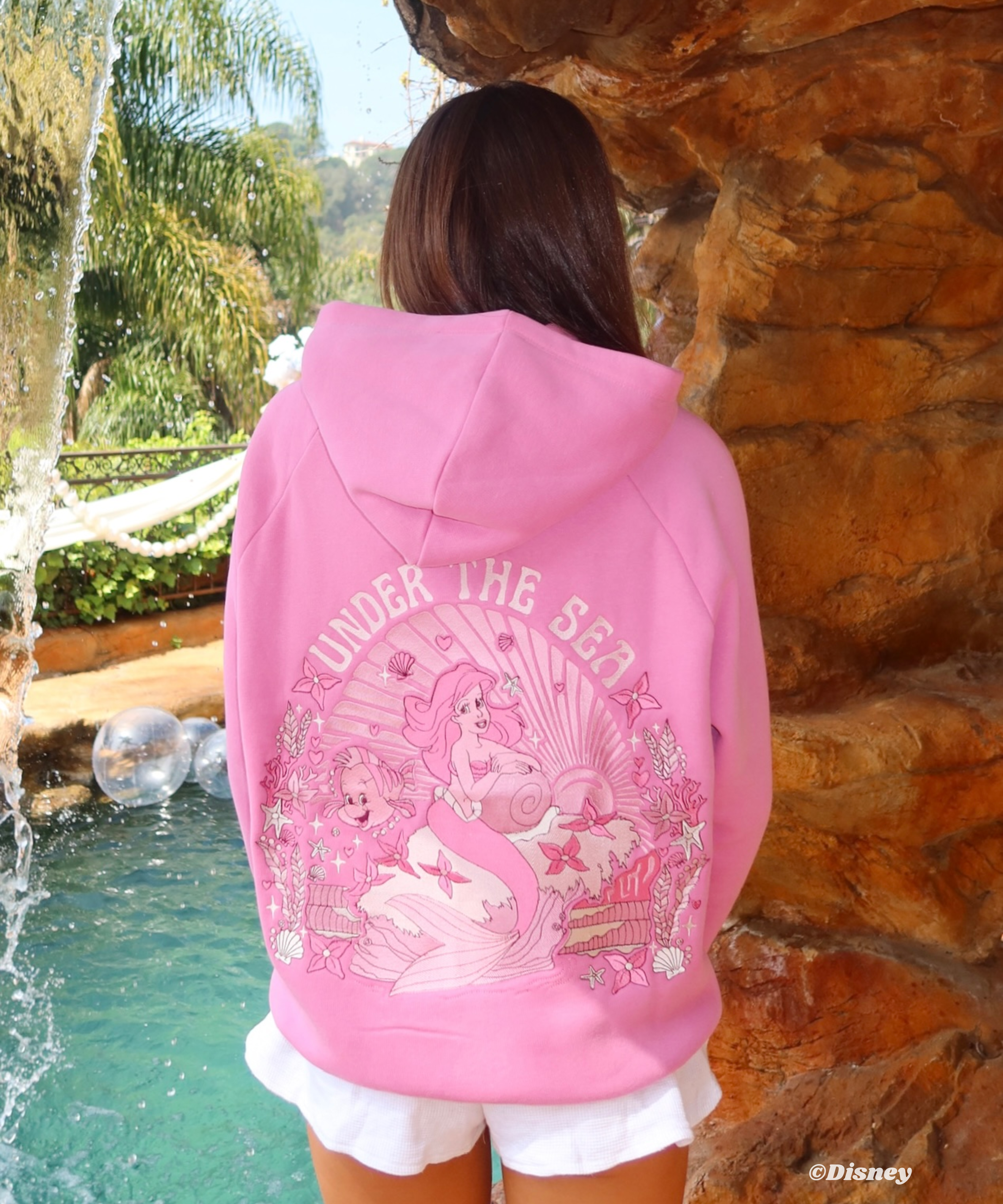 "Under the Sea" Relaxed Hoodie, relaxed fit with an adjustable drawstring hood and pocket, in Seashell Pink - coastal preppy aesthetic beach style by Pink Palm Puff