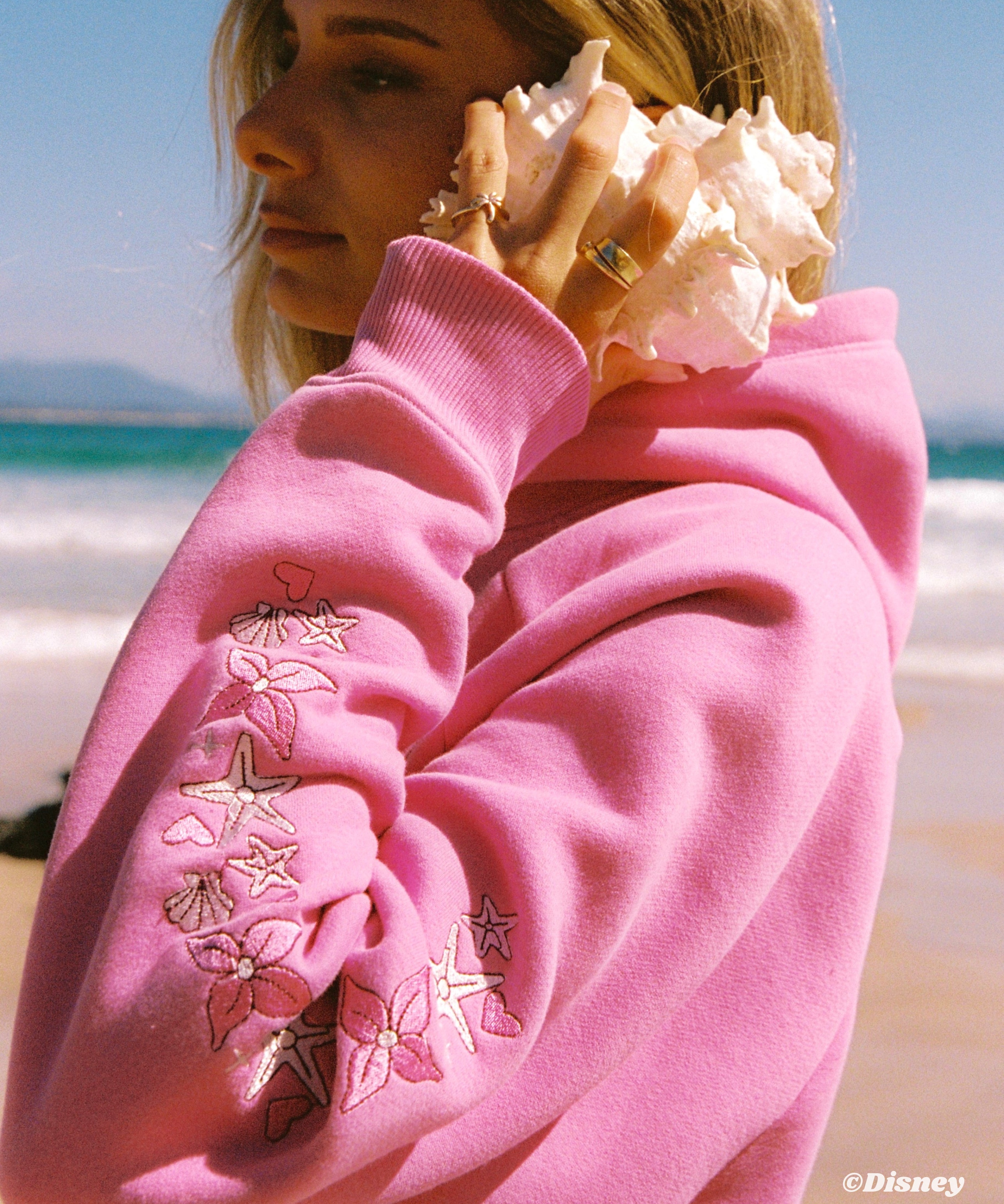 "Under the Sea" Relaxed Hoodie, relaxed fit with an adjustable drawstring hood and pocket, in Seashell Pink - coastal preppy aesthetic beach style by Pink Palm Puff